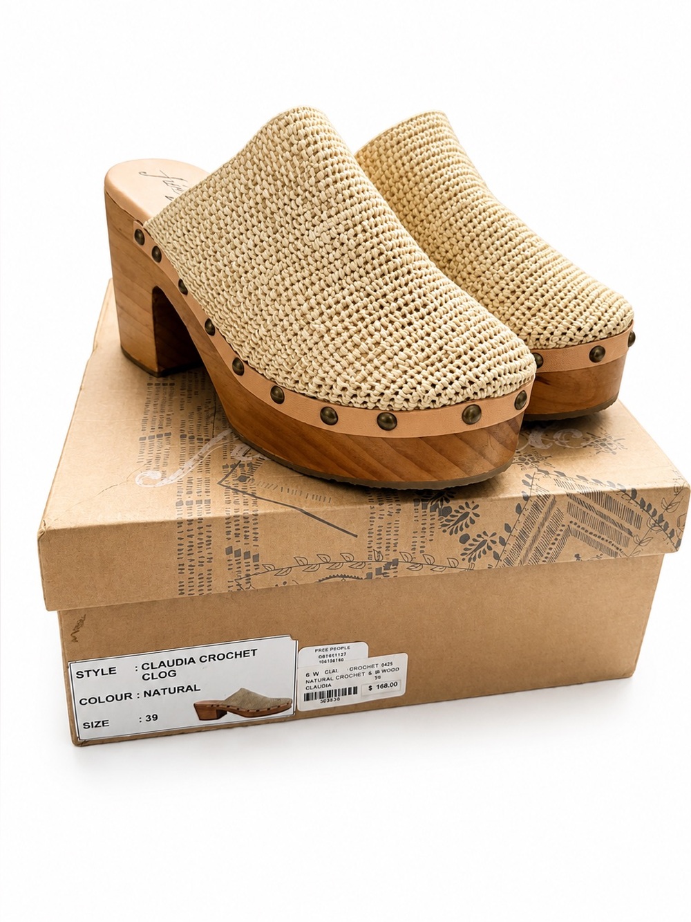 Free People Claudia Crochet Raffia Leather Studded Clogs Natural US 8.5 BNIB - Picture 3 of 11